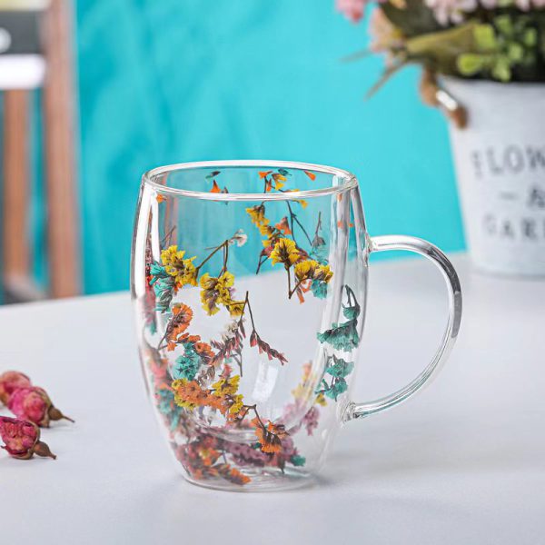 Net Red Dry Flower Double Layer Glass Cup High Beauty Glass Cup High Borosilicate Glass Cup with Handle - Image 3